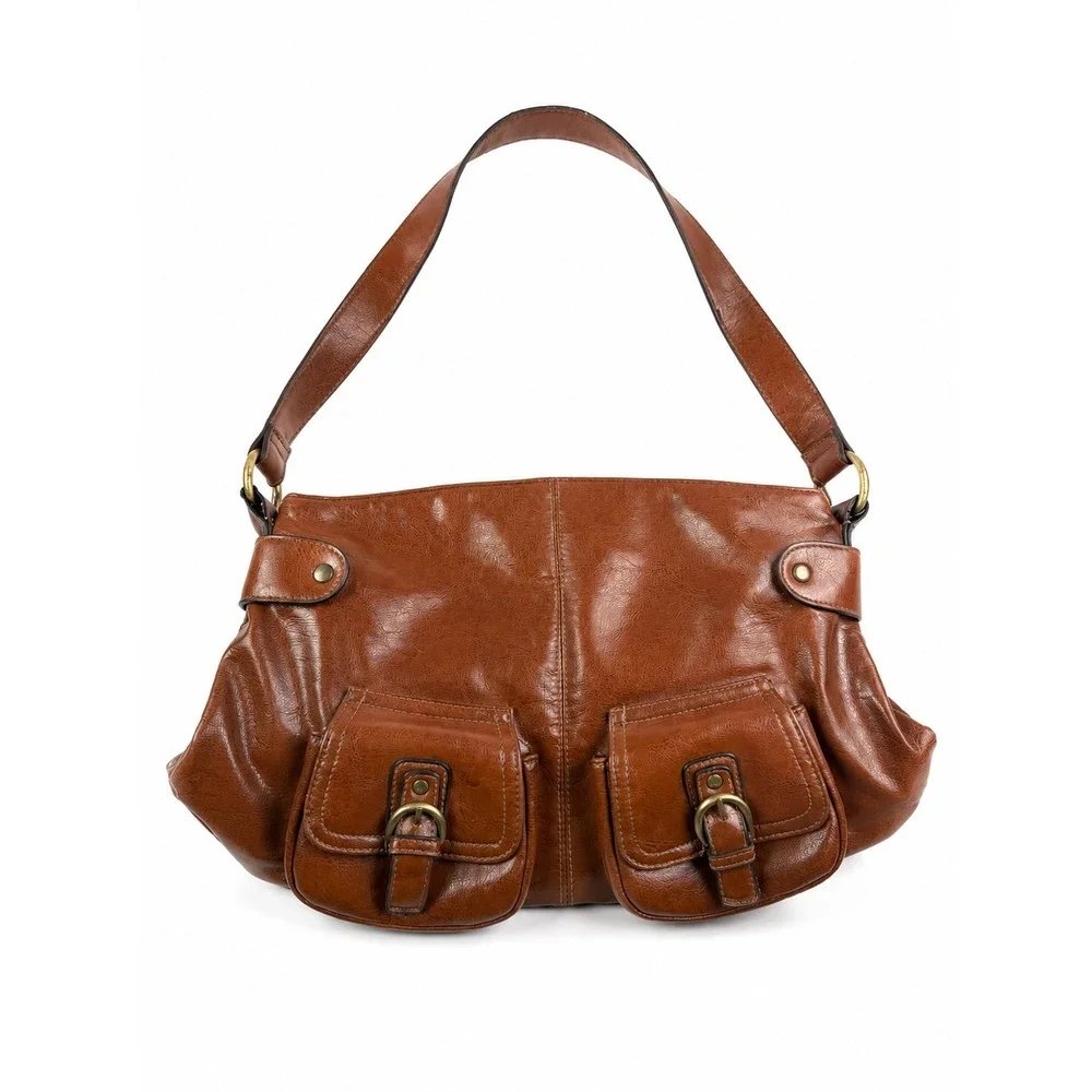 Vintage Y2K Brown Faux Leather Buckle Rustic Hobo Boho Shoulder Bag Purse